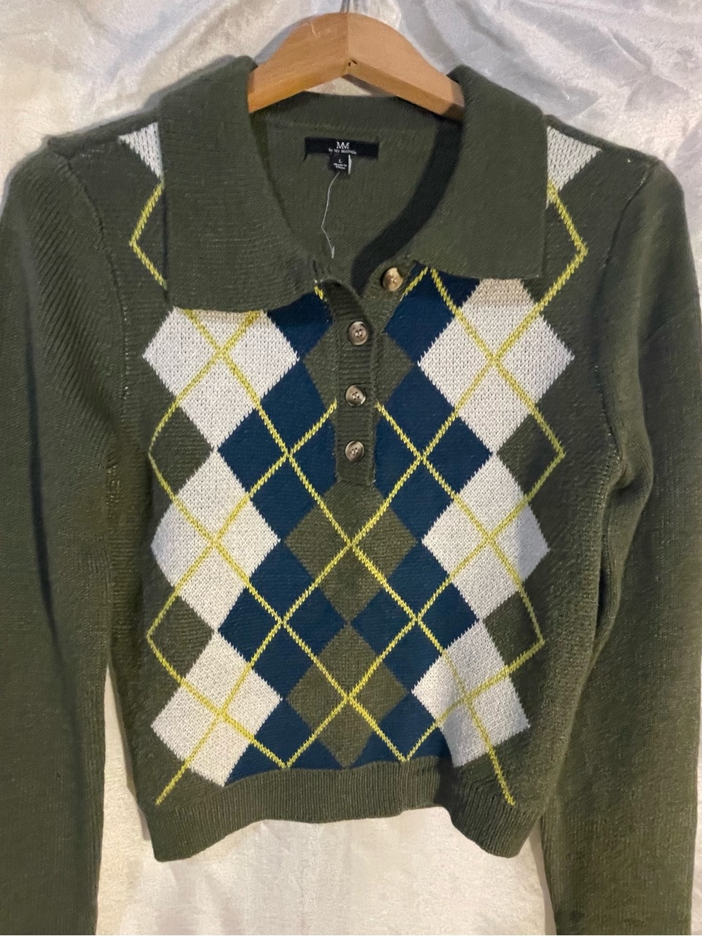 Olive Green Argyle V-Neck Polo Sweater